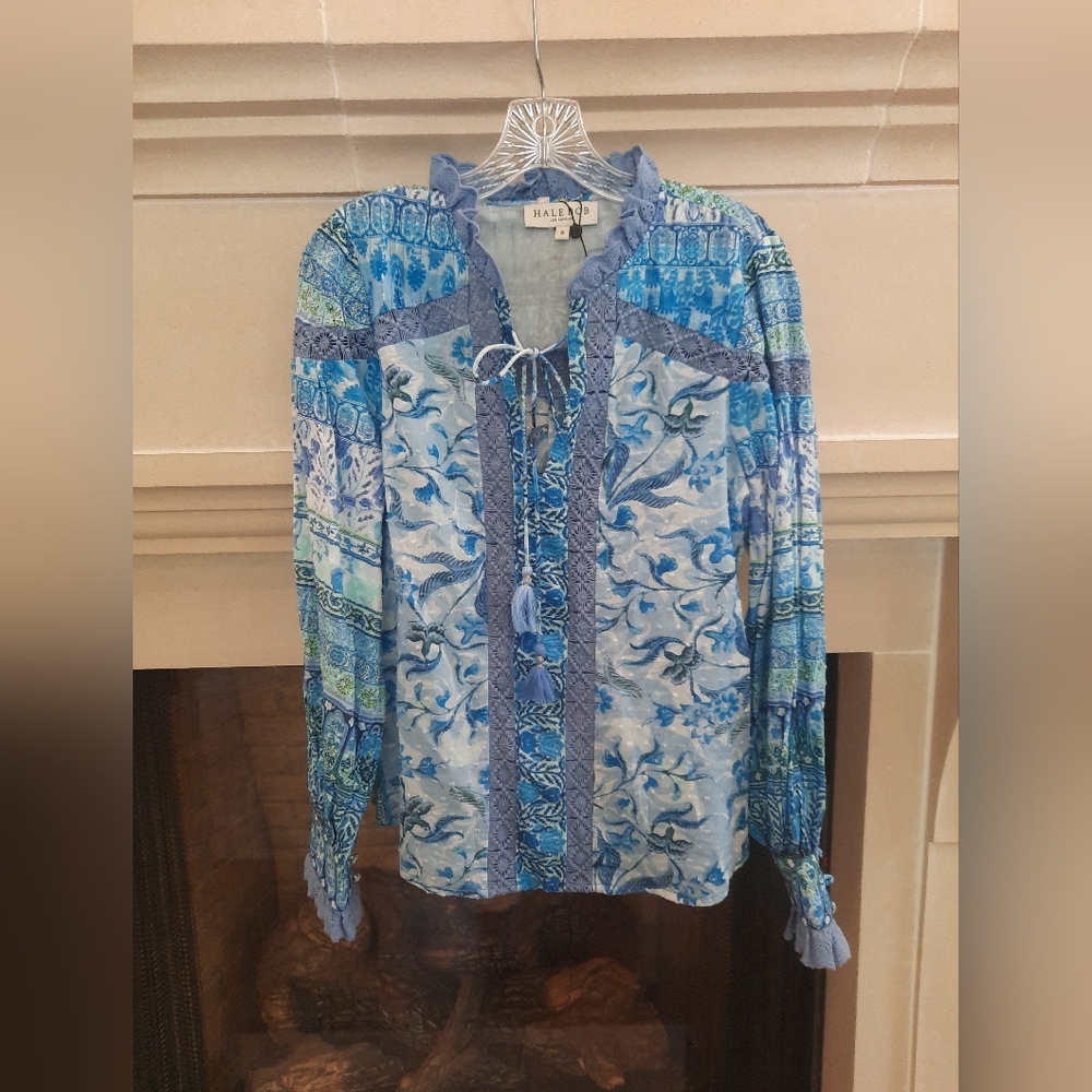 Hale Bob Blue and Green Tie Front Blouse